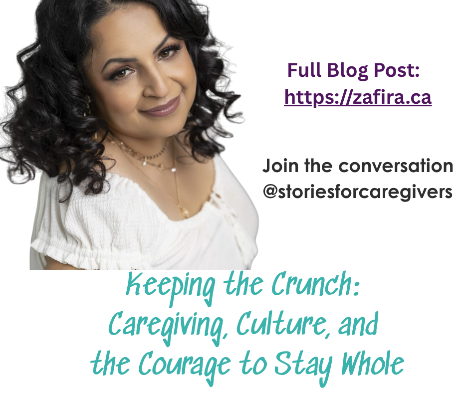 a smiling woman with curly hair, with the text Keeping the Crunch: Caregiving, culture and the courage to stay whole. Join the conversation @storiesforcaregivers.