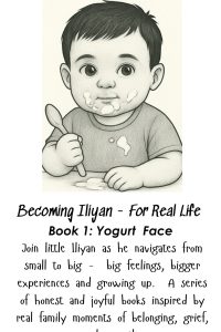 a baby eating yogurt with it splashed all over his face